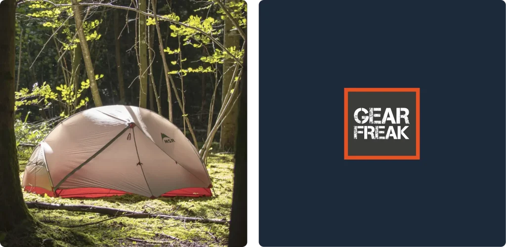 Gearfreak logo next to an MSR tent in the forest