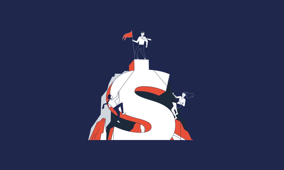 illustration of people climbing a dollarsign mountain