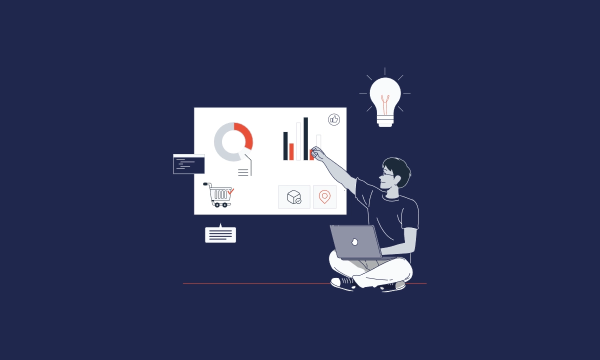 illustration of man with laptop pointing to a graph