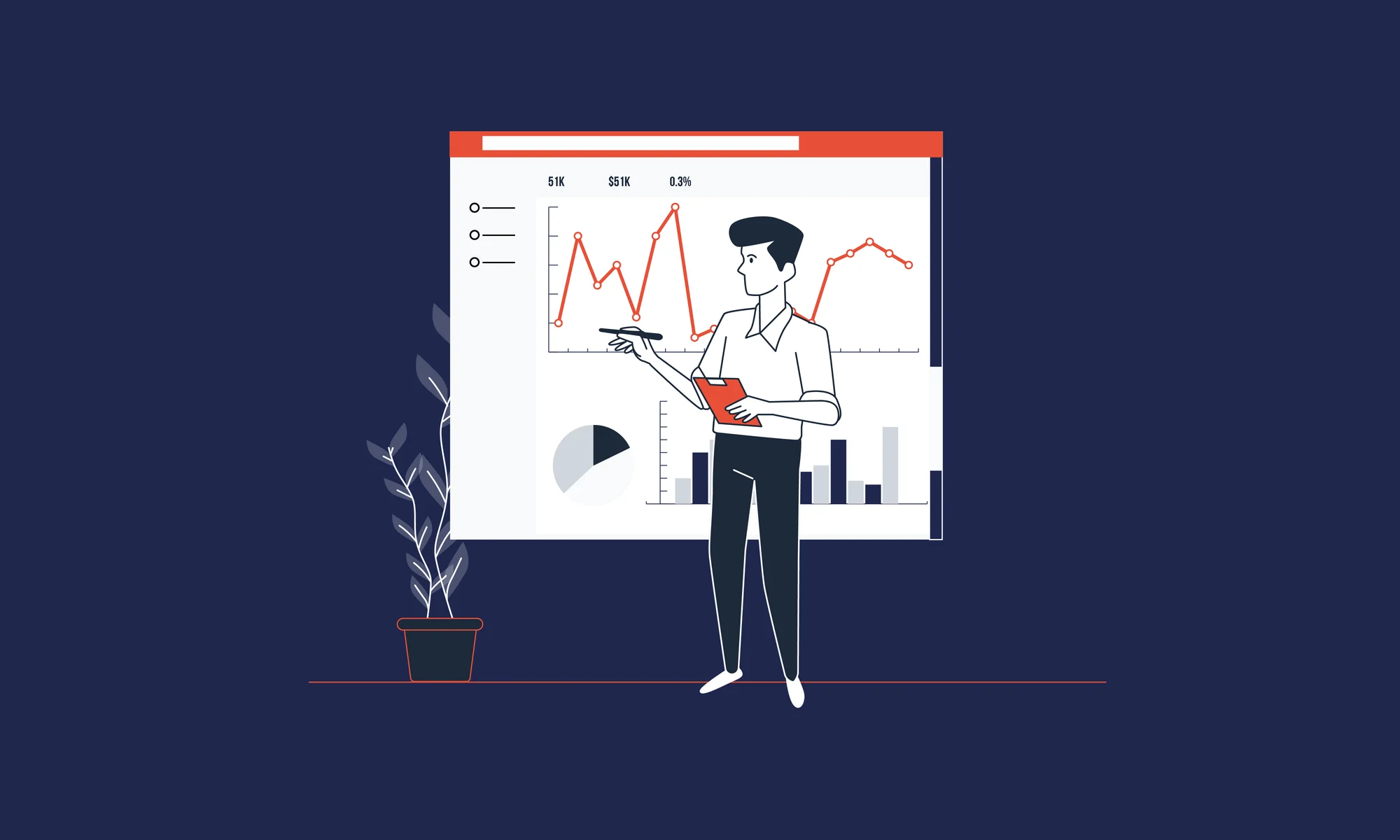 Illustration of man pointing at charts