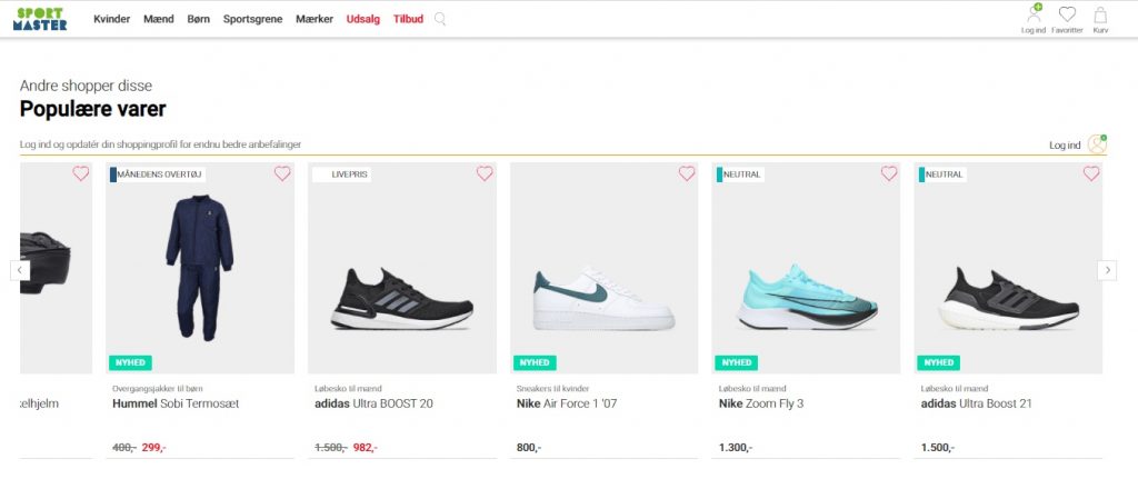 Screenshot of products on sale at sportsmaster homepage