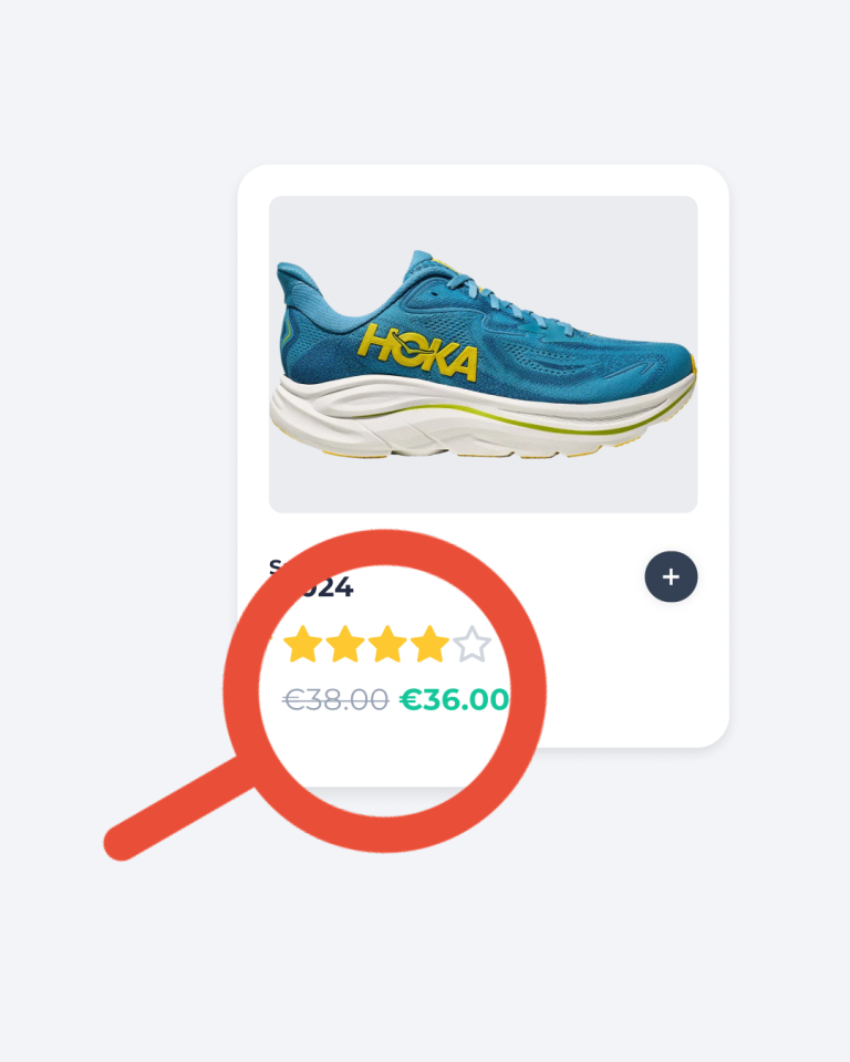 PriceShape dashboard showing competitor price monitoring for a Hoka running shoe, with a discounted price of €36.00 highlighted
